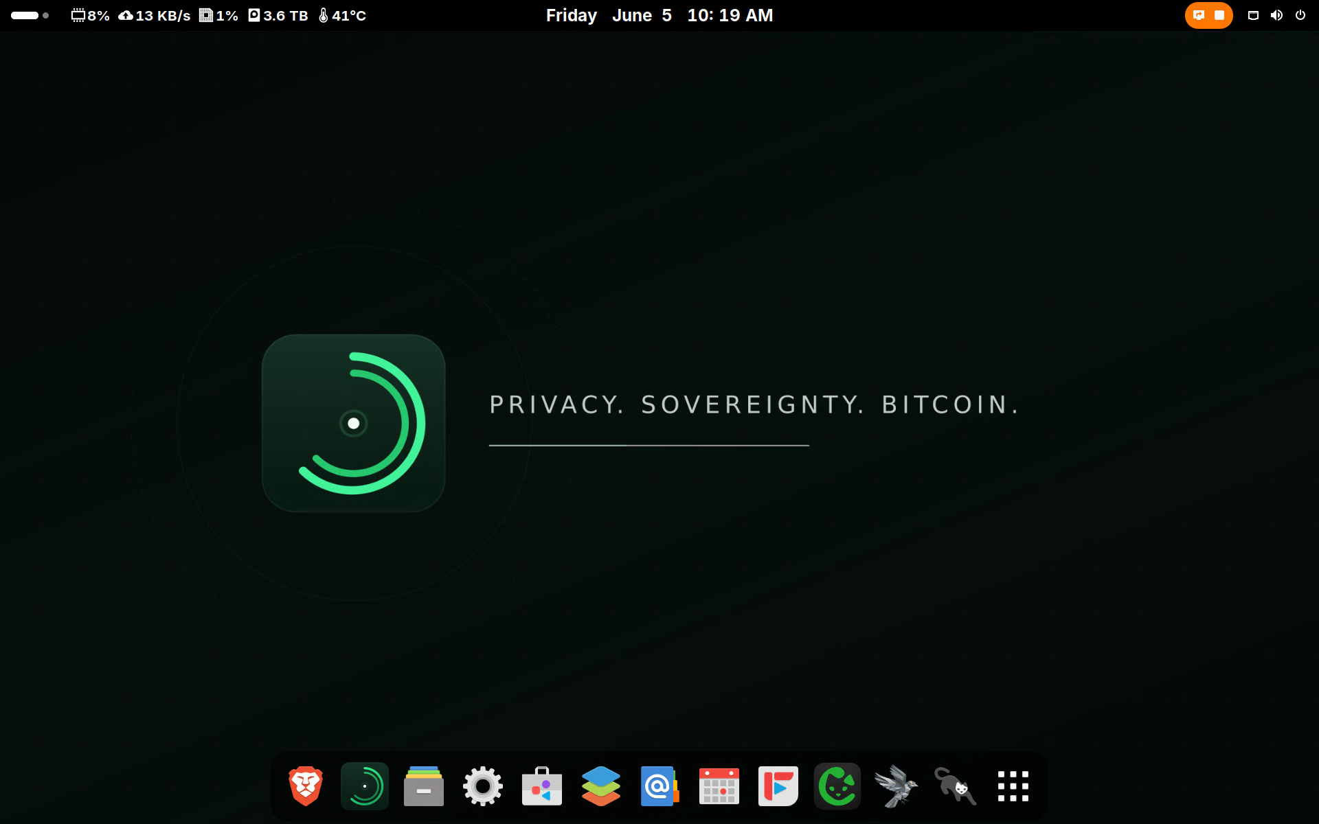 Sovran_SystemsOS desktop showing application dock and PRIVACY. SOVEREIGNTY. BITCOIN. tagline