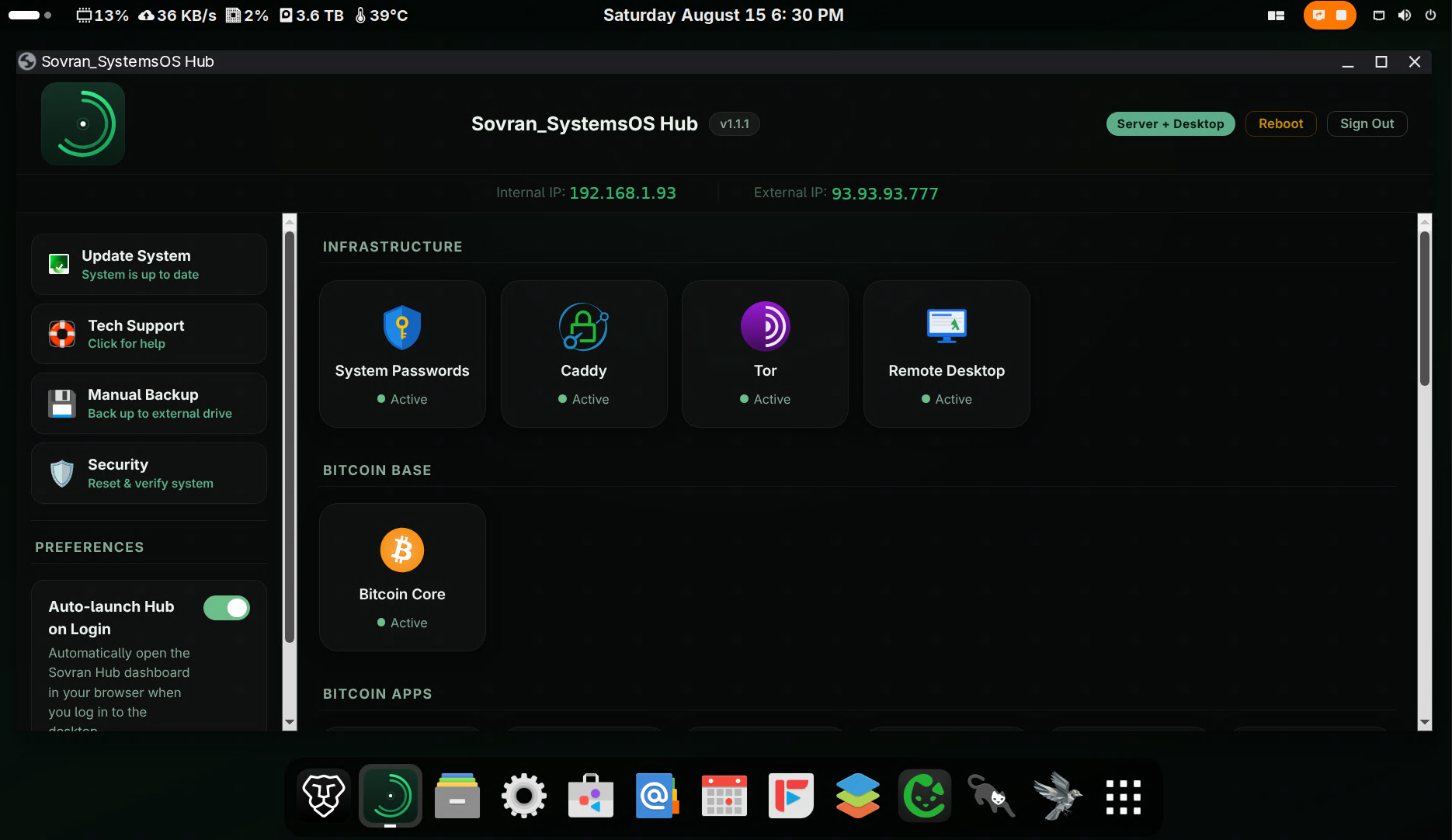 The Sovran Hub dashboard