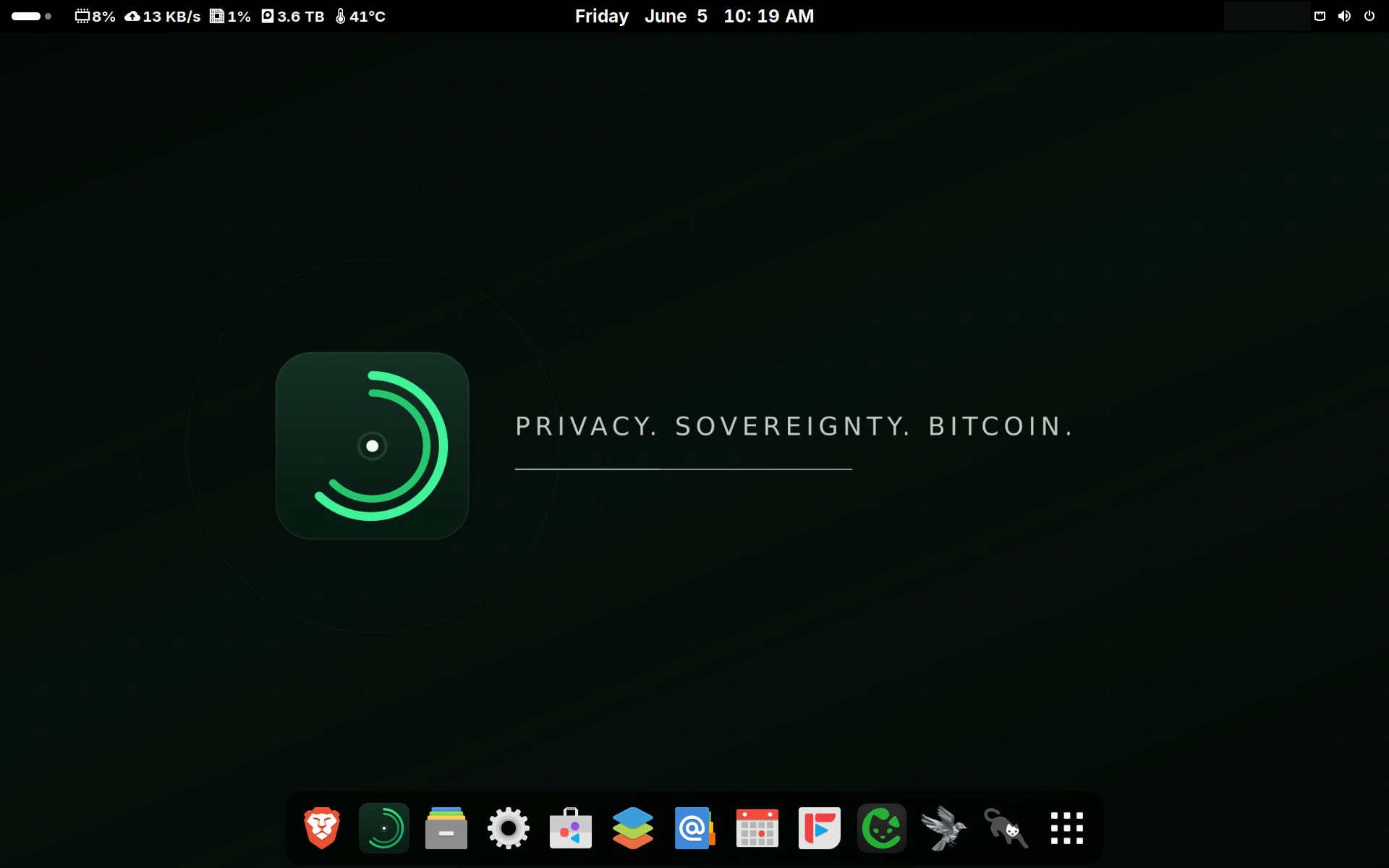 Sovran_SystemsOS desktop showing application dock and PRIVACY. SOVEREIGNTY. BITCOIN. tagline