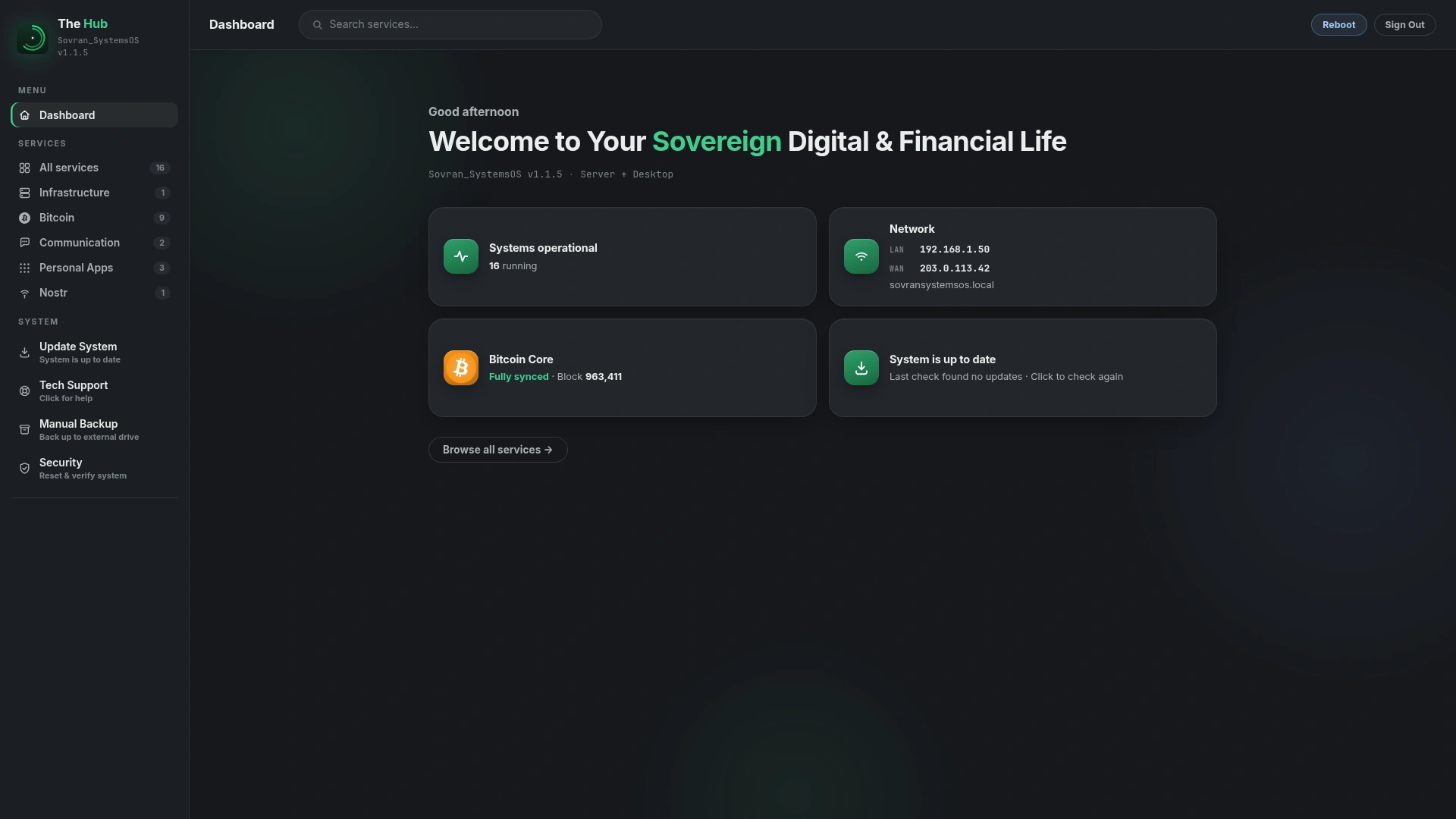 The Sovran Hub welcome dashboard